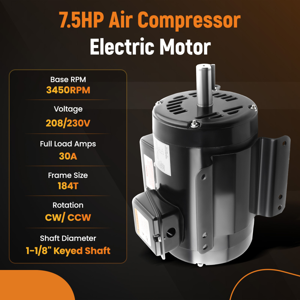 7.5HP Air Compressor Electric Motor 3450 RPM 184T Frame 1-1/8 Shaft Diameter