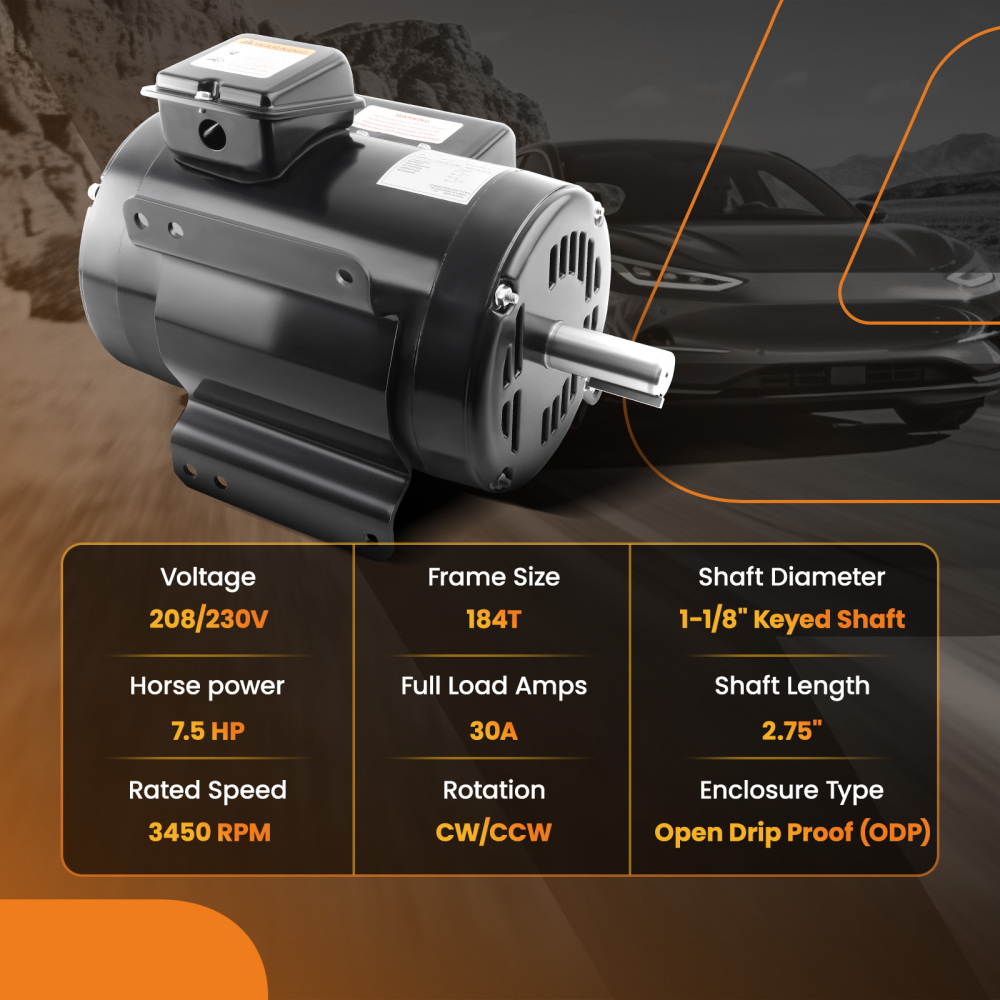 7.5HP Air Compressor Electric Motor 3450 RPM 184T Frame 1-1/8 Shaft Diameter
