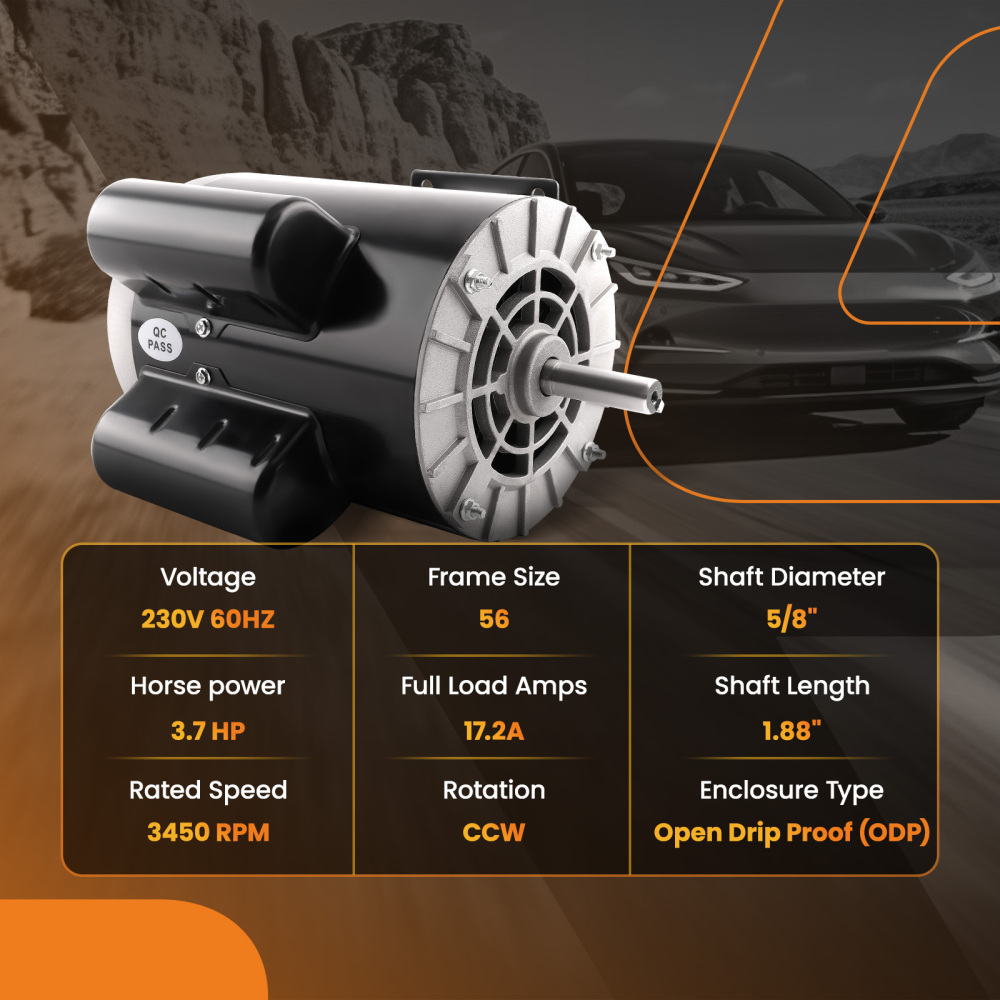 3.7 HP Electric Motor 3450 RPM Compressor Duty 56 Frame 1 Phase 5/8 Shaft 230V