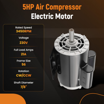Air Compressor 5HP Electric Motor 3450RPM 230V 21A 56Frame 7/8 Shaft CW/CCW