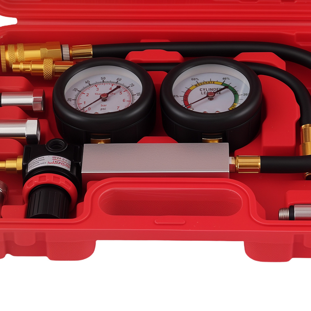 Engine Cylinder Dual Gauge Leakdown Tester Kit With Rubber Hose Metal Adapters