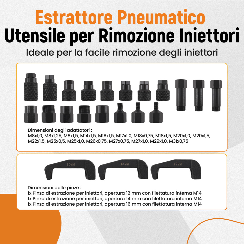 Estrattore for Iniettori Diesel 19 Adattatori Kit Completo Pneumatico