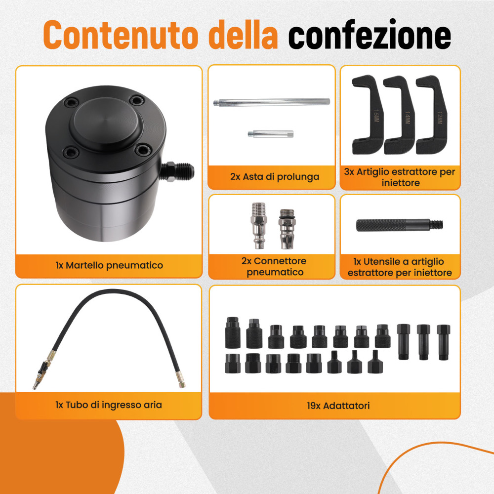 Estrattore for Iniettori Diesel 19 Adattatori Kit Completo Pneumatico