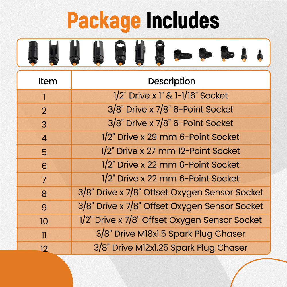 1/2 3/8 Drive Oxygen Sensor Socket 22mm 27mm 29mm 7/8 1 1-1/16 Set