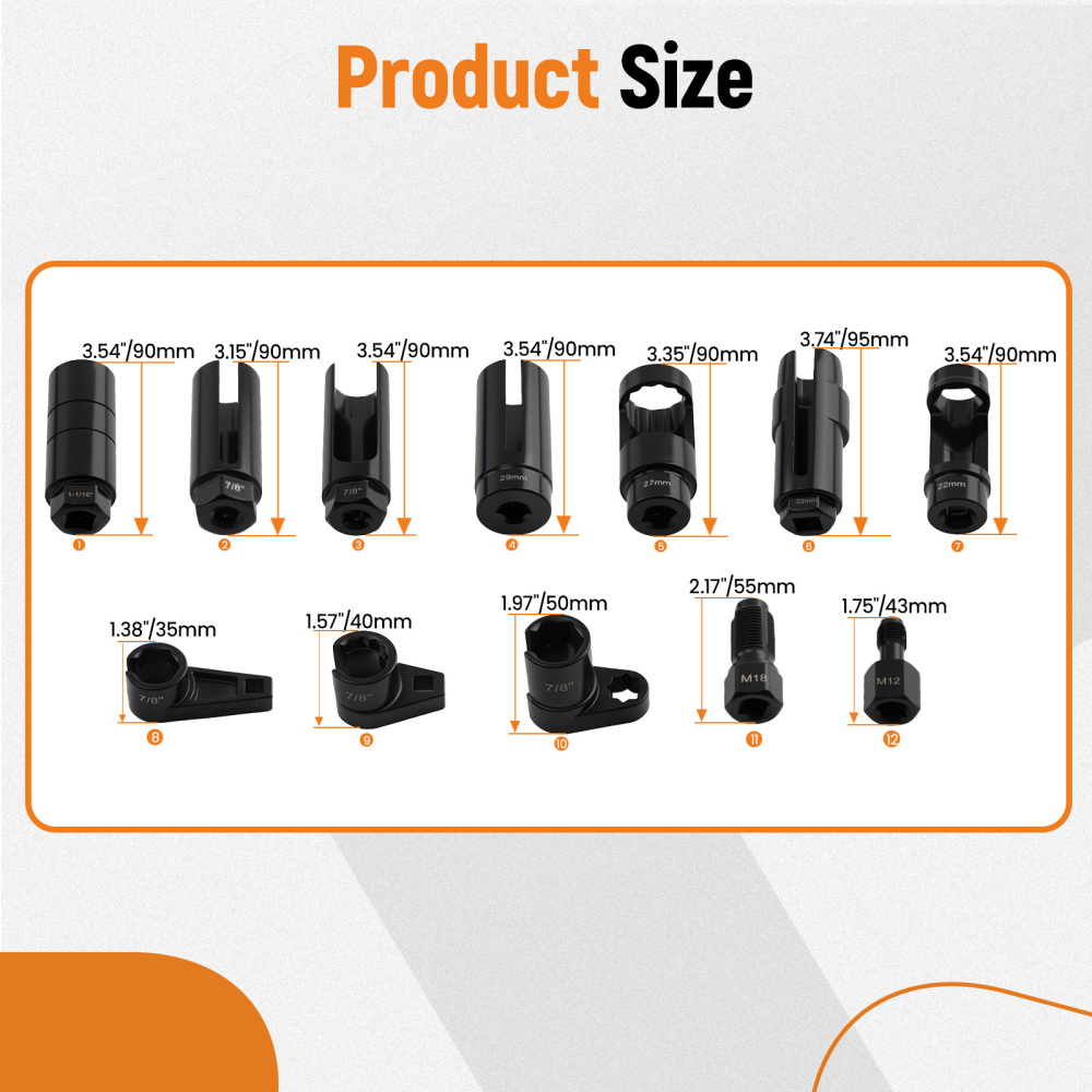 1/2 3/8 Drive Oxygen Sensor Socket 22mm 27mm 29mm 7/8 1 1-1/16 Set