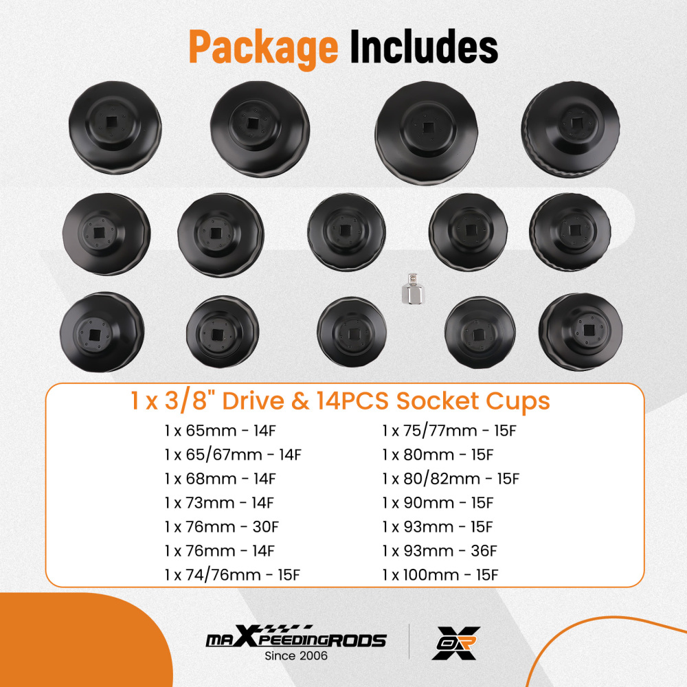 16pcCup Oil Filter Wrench Socket Set Removal Tool 65-100mmCap Filters Kit