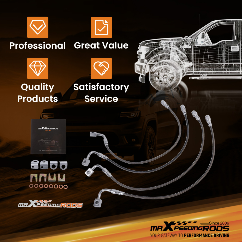 4 Pcs Front & Rear Braided Brake Lines compatible for Jeep Wrangler JK 2007-2018