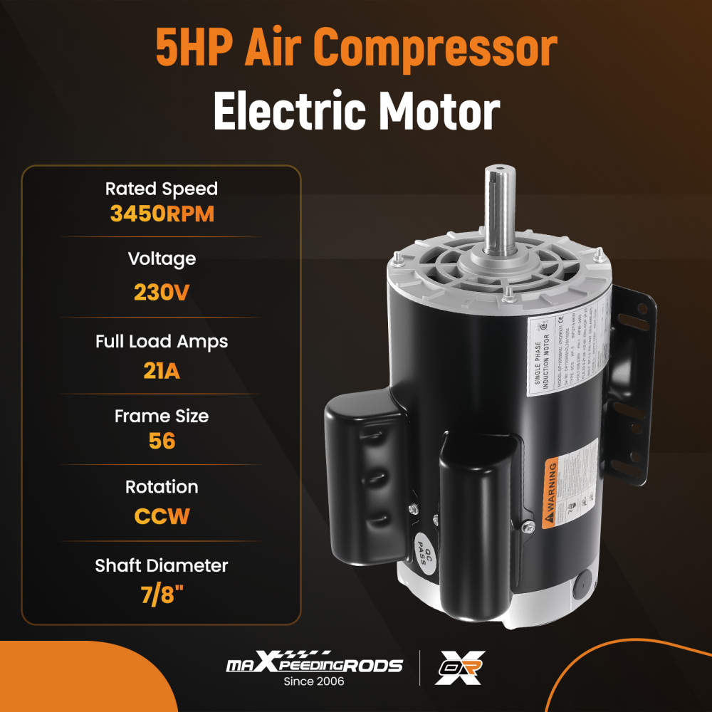 5HP Compressor Duty Electric Motor 230V 1 Phase 3450RPM 56HZ/143T 7/8 Shaft