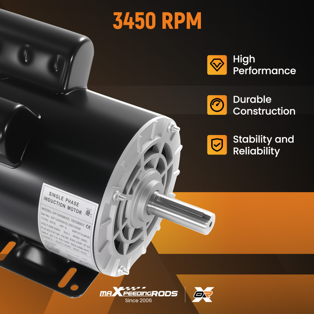 5HP Compressor Duty Electric Motor 230V 1 Phase 3450RPM 56HZ/143T 7/8 Shaft