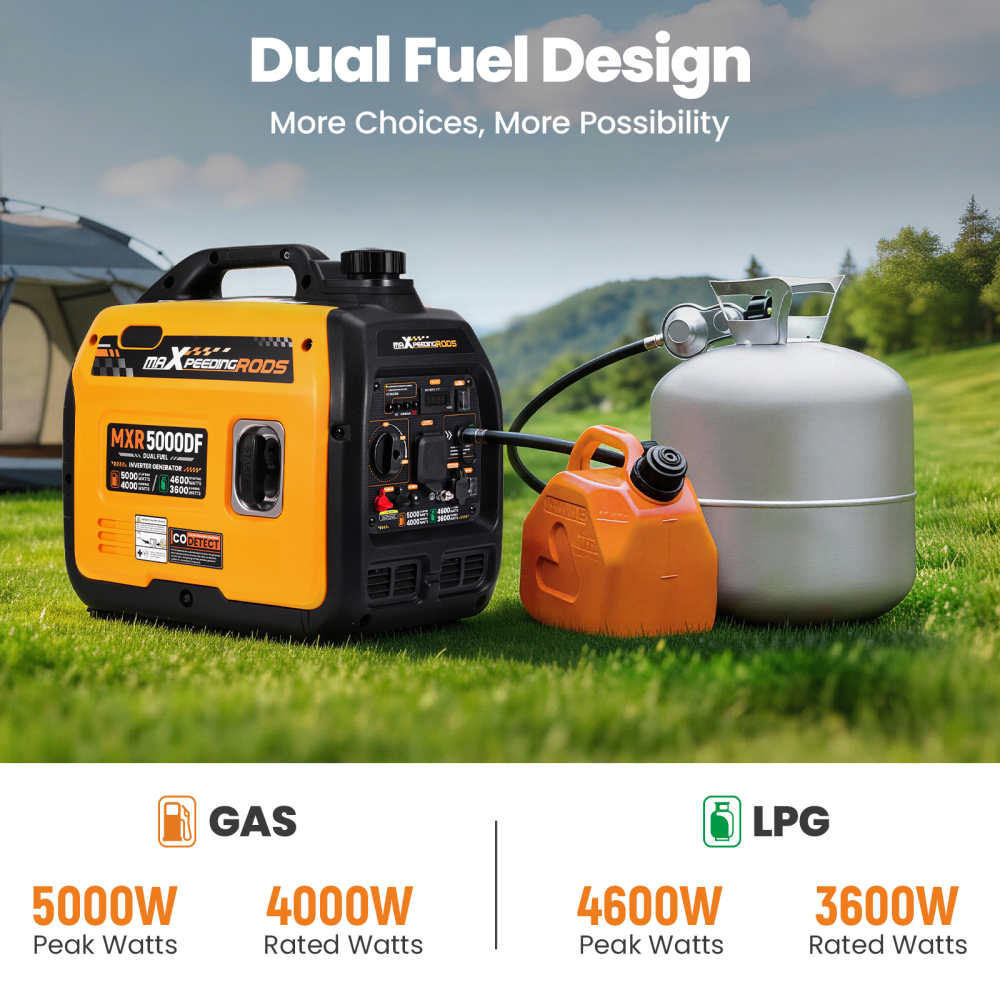 Dual Fuel Inverter Generator 5000W Portable Gasoline/LPG Generator Home Backup