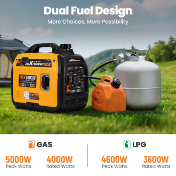 Dual Fuel Inverter Generator 5000W Portable Gasoline/LPG Generator Home Backup
