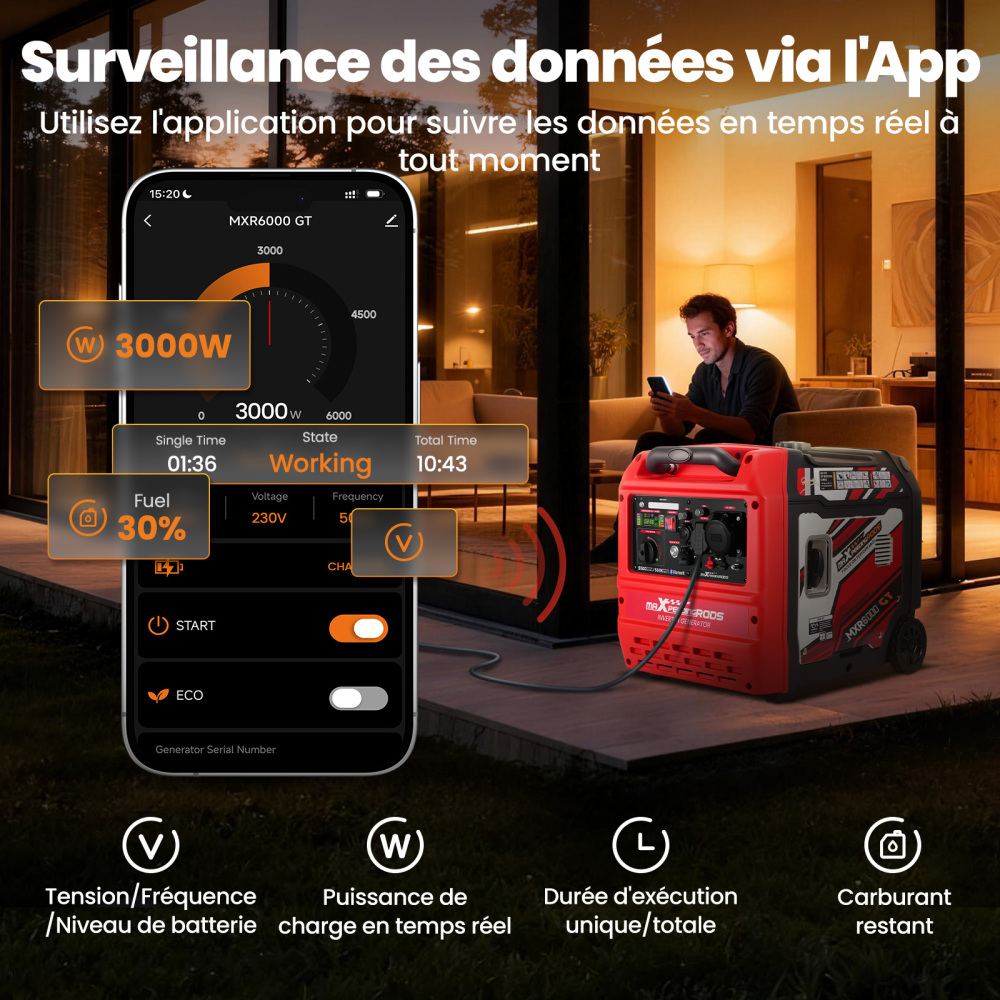 5.5KW Groupes électrogènes Inverter à essence 4 temps 230V Bluetooth for camping