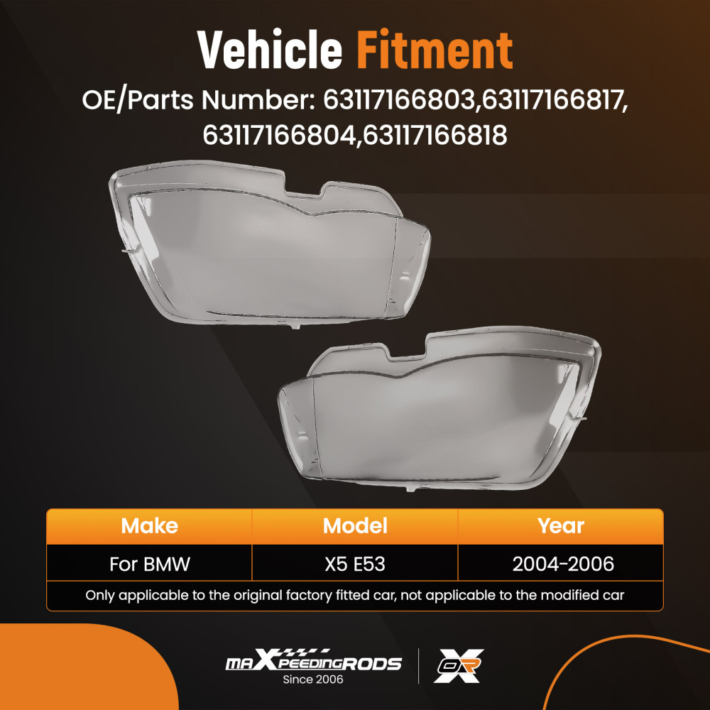A Pair Headlight Lens Cover compatible for BMW X5 E53 2004-2006 63117166804 63117166818