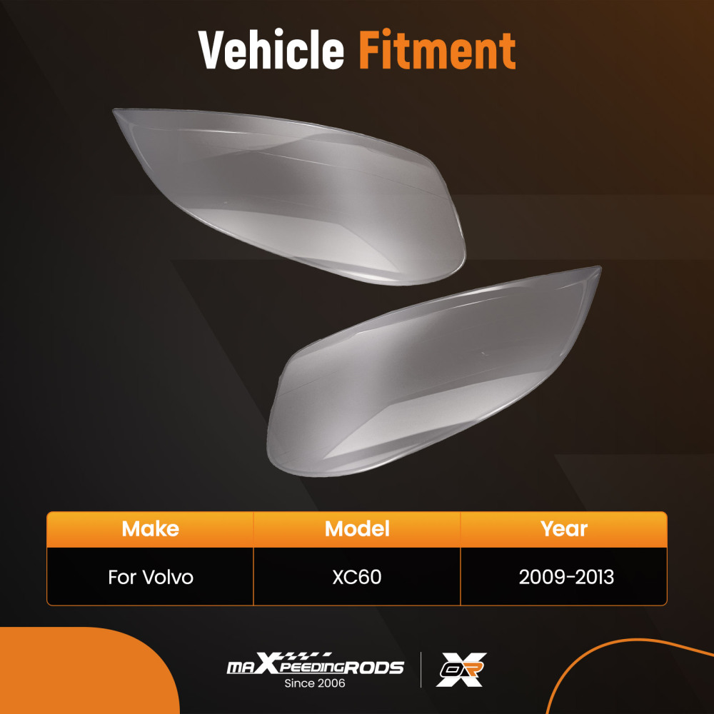 2x Front Headlight Lens Cover Set compatible for Volvo XC60 2009-2013 Clear Polycarbonate
