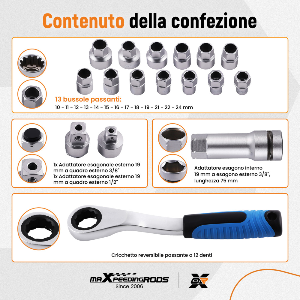 Set chiavi a bussola passanti con cricchetto 10-24mm 3/8 1/2 Reversibile