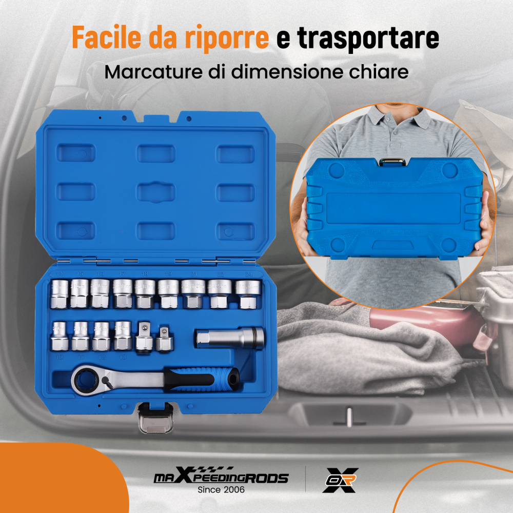 Set chiavi a bussola passanti con cricchetto 10-24mm 3/8 1/2 Reversibile