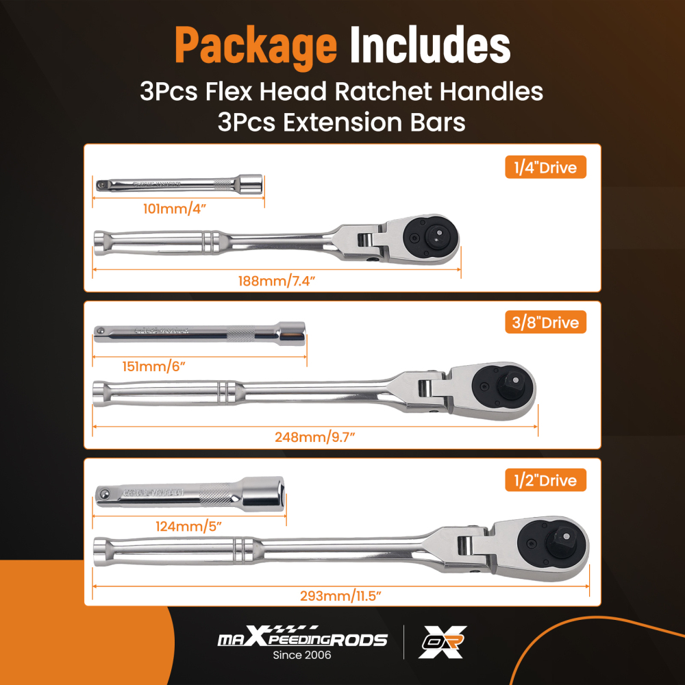 Auto Repair Ratchet Set 1/4 3/8 1/2 Drive Extension Bar 72T Flex Head Tool