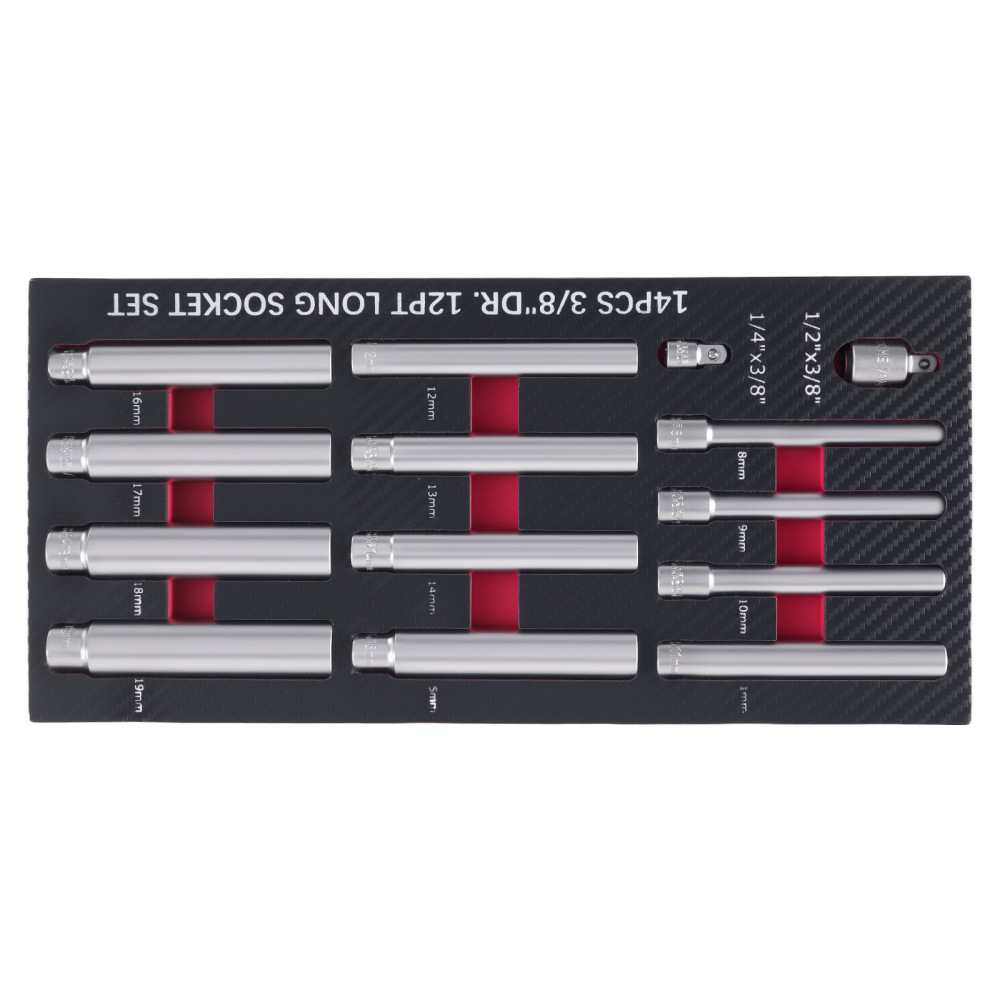 14pc Extra Deep Metric Socket Set 3/8 Drive 120mm Chrome Vanadium 8-19mm
