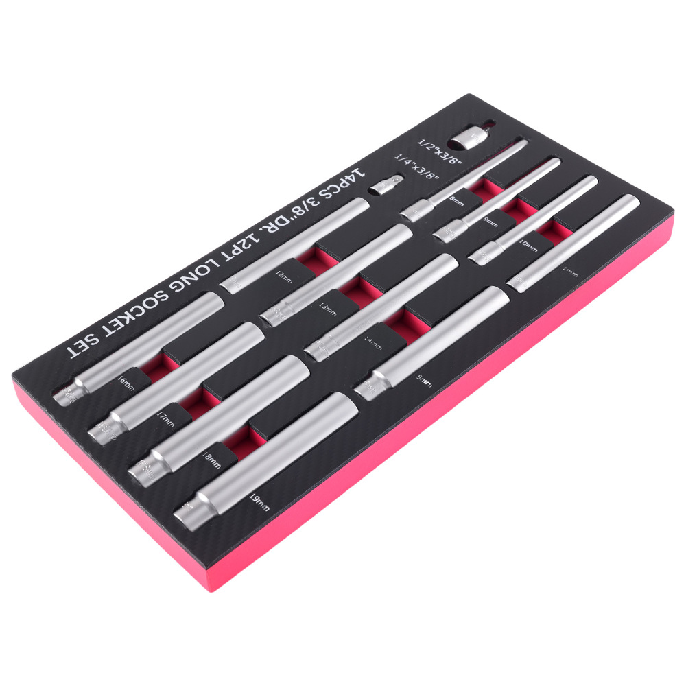 14pc Extra Deep Metric Socket Set 3/8 Drive 120mm Chrome Vanadium 8-19mm