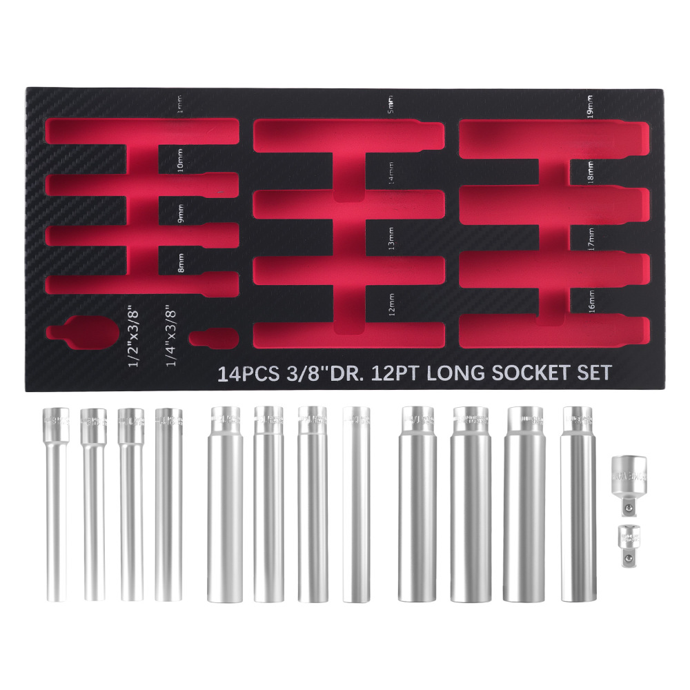 14pc Extra Deep Metric Socket Set 3/8 Drive 120mm Chrome Vanadium 8-19mm