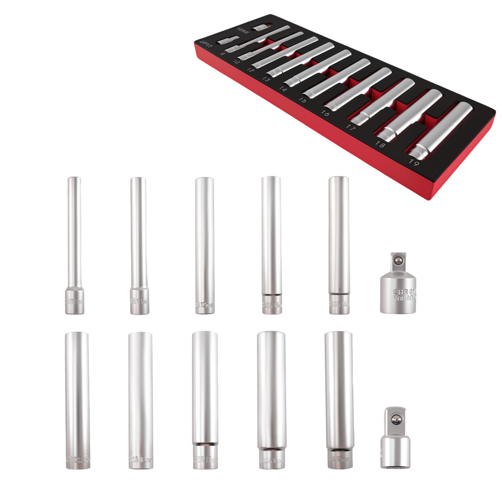 12 Point Deep Metric Socket 8-19mm 1/2 3/8 Drive 120mm Long 10 Piece Set