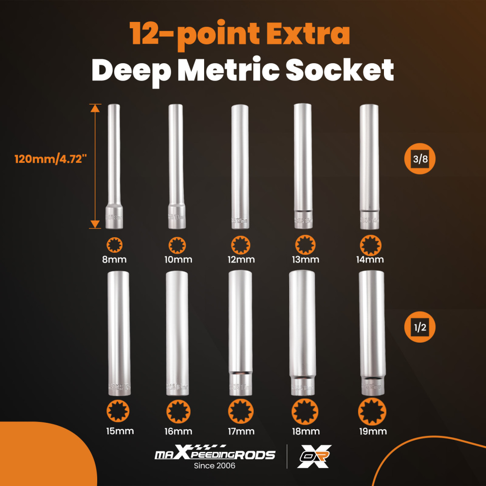 12 Point Deep Metric Socket 8-19mm 1/2 3/8 Drive 120mm Long 10 Piece Set