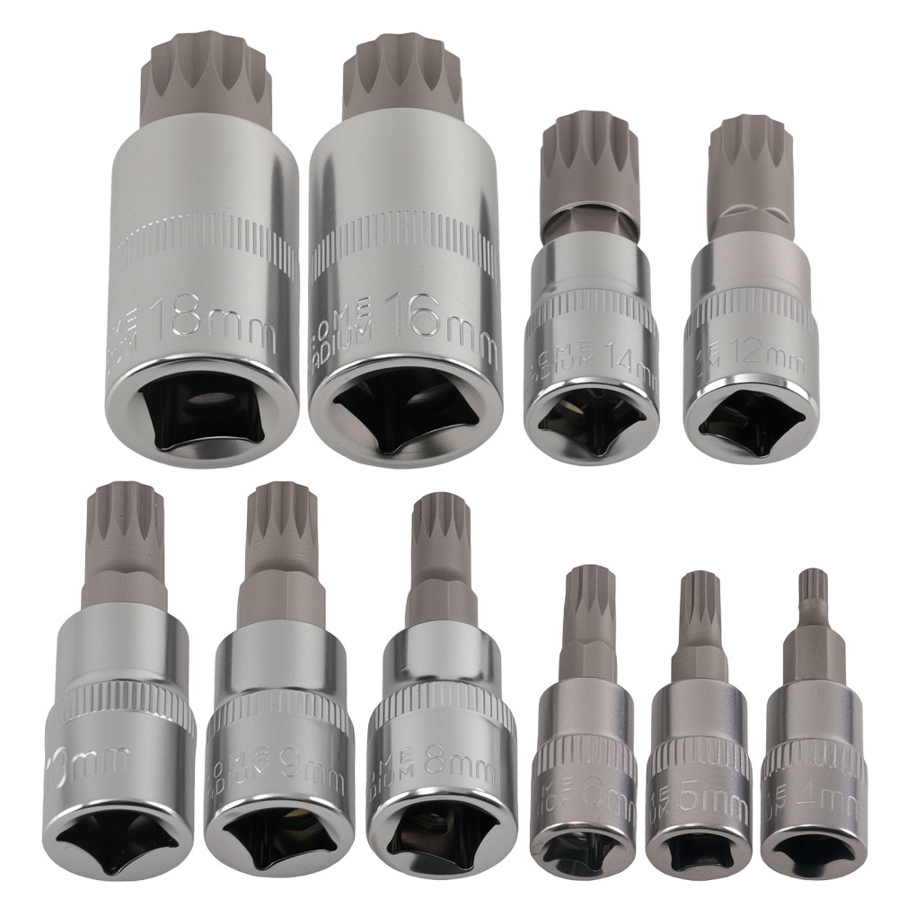 10pc CRV Spline Socket Triple Square 1/4 3/8 1/2 Drive M4-M18