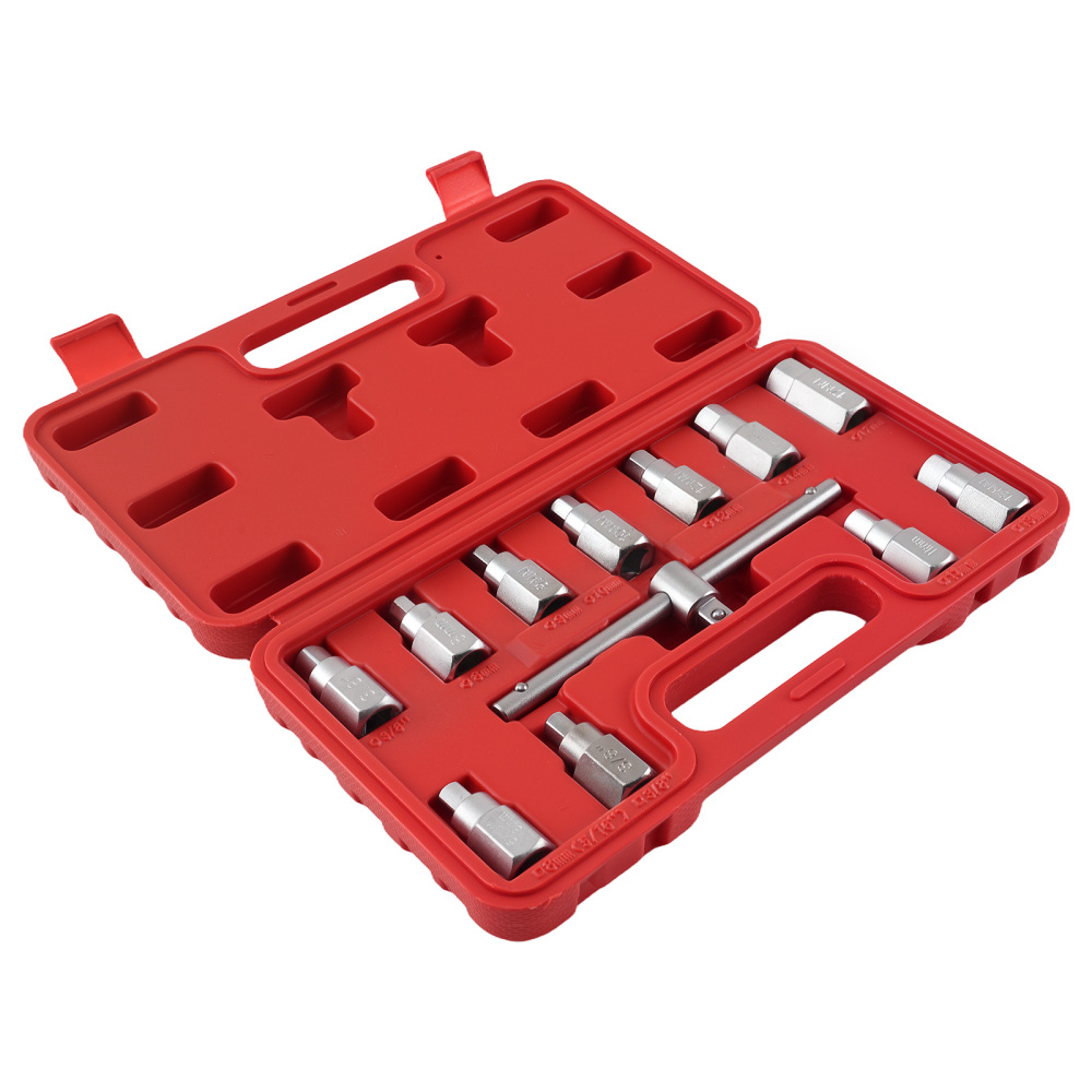 10pc Drain Plug Socket Kit 3/8 Drive Hex Square T-Bar Key Tool Set 8-17mm