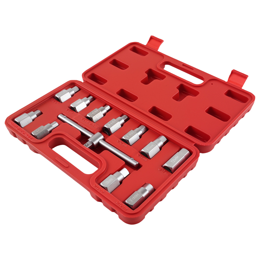 10pc Drain Plug Socket Kit 3/8 Drive Hex Square T-Bar Key Tool Set 8-17mm
