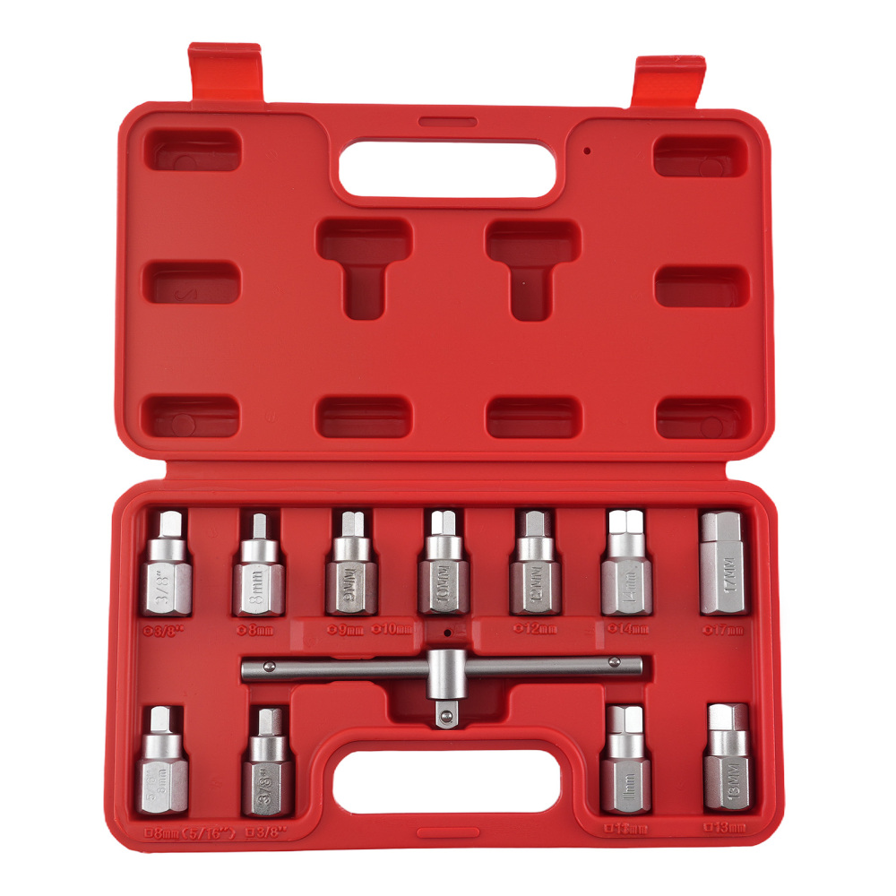 10pc Drain Plug Socket Kit 3/8 Drive Hex Square T-Bar Key Tool Set 8-17mm