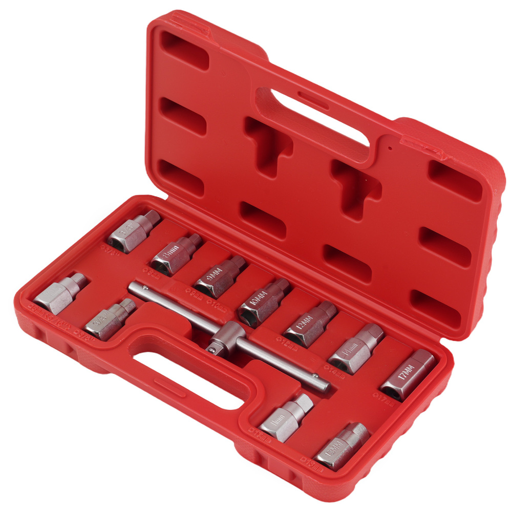 10pc Drain Plug Socket Kit 3/8 Drive Hex Square T-Bar Key Tool Set 8-17mm