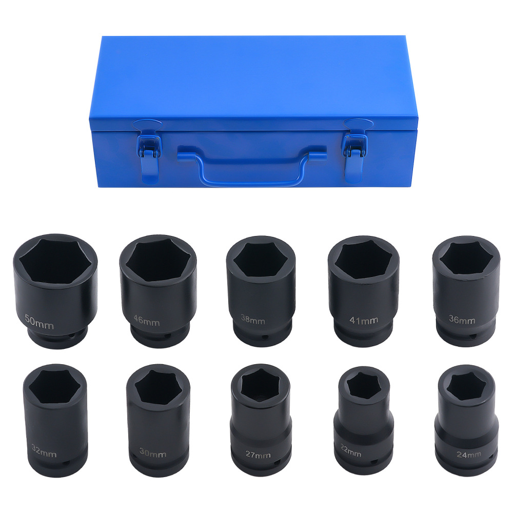 10 Piece 1in Drive Impact Socket Set 6-Point 22-50mm CR-V Automotive Tools