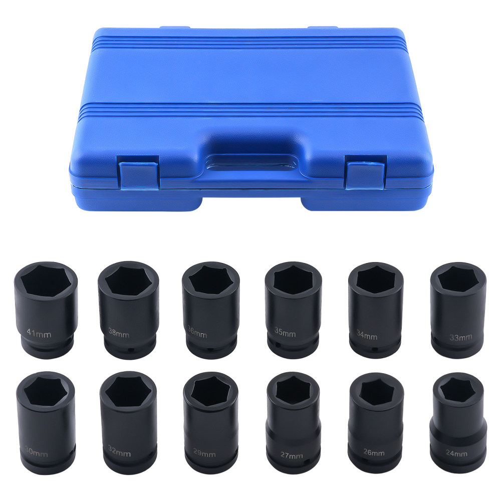 1 Deep Drive Impact Socket Set 12pc 24-41mm 80mm CR-V 6 Point Hex Tools