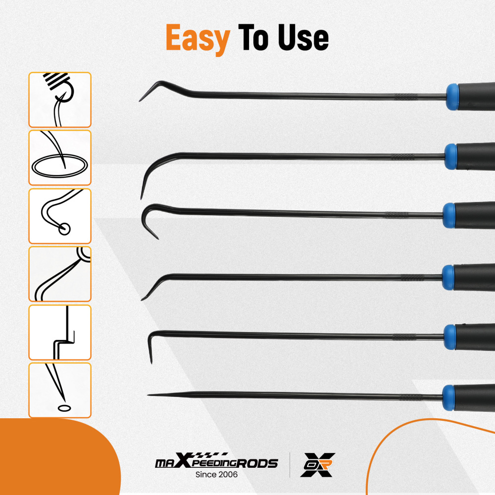6 Piece Hook Pick Set for O-Ring Removal Automotive Work Steel 243mm