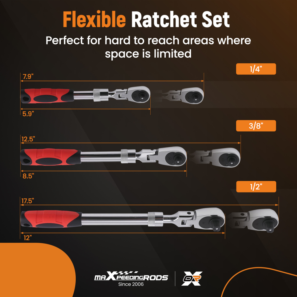 3PCS 72-Tooth Set 1/4 3/8 1/2 Drive Telescoping Ratchet with Chrome Steel