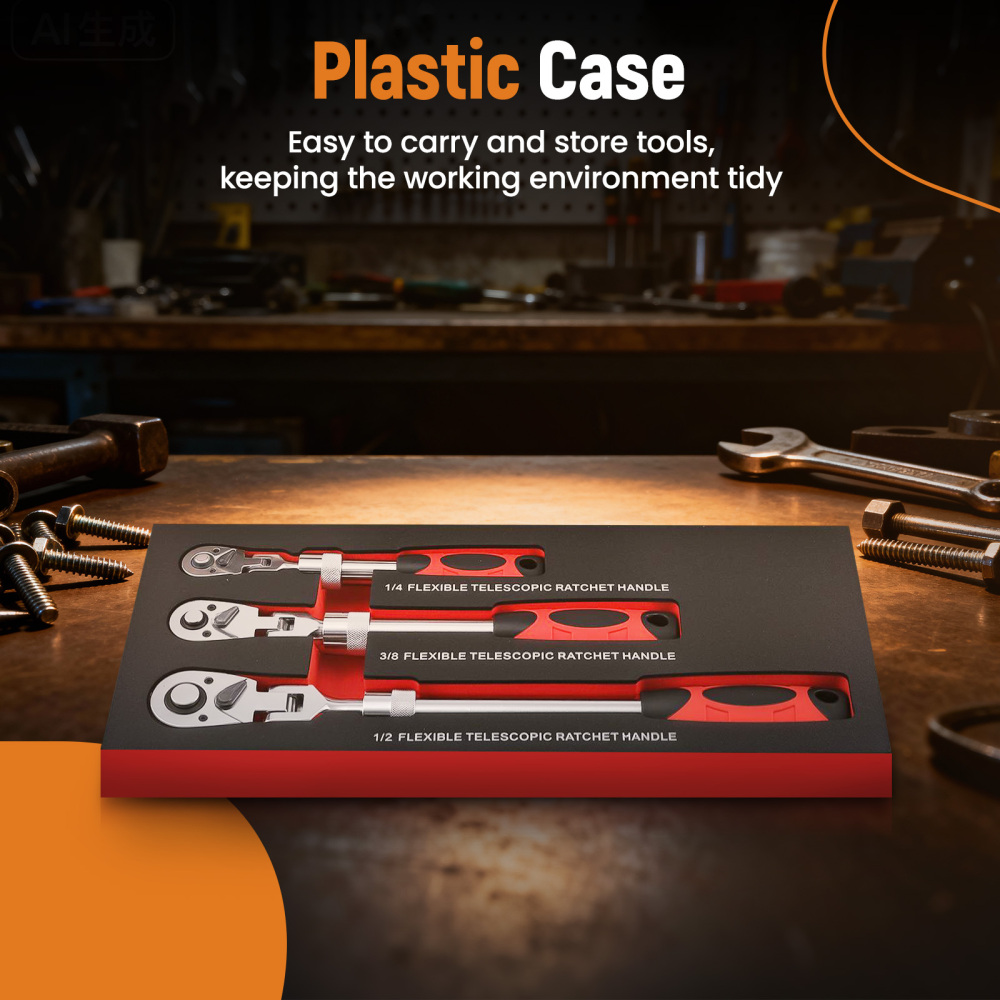 3PCS 72-Tooth Set 1/4 3/8 1/2 Drive Telescoping Ratchet with Chrome Steel