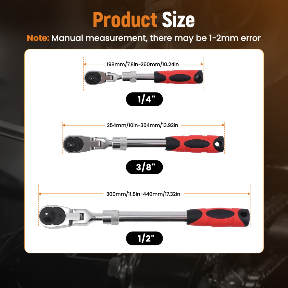 3PCS 72-Tooth Set 1/4 3/8 1/2 Drive Telescoping Ratchet with Chrome Steel