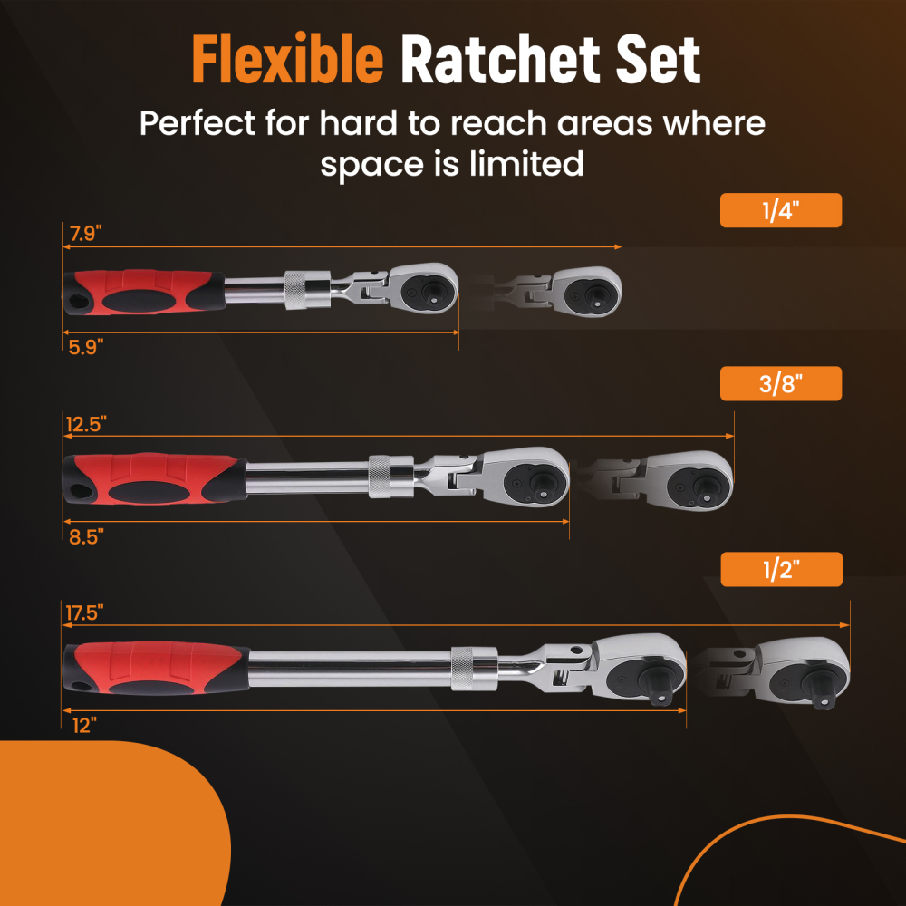 3PCS 72-Tooth Set 1/4 3/8 1/2 Drive Telescoping Ratchet with Chrome Steel