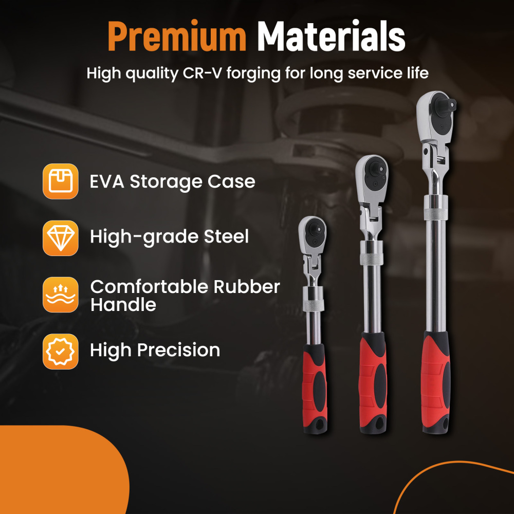 3PCS 72-Tooth Set 1/4 3/8 1/2 Drive Telescoping Ratchet with Chrome Steel