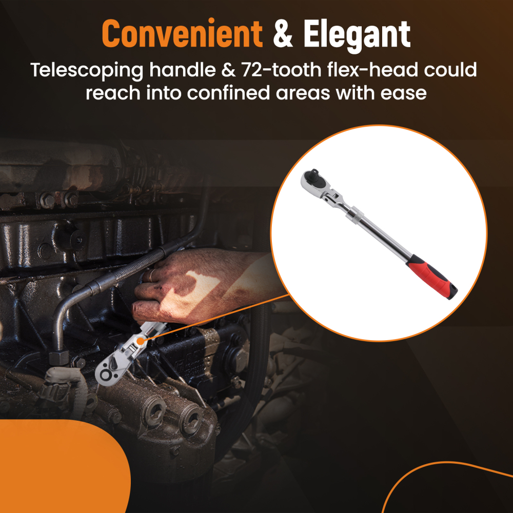 3PCS 72-Tooth Set 1/4 3/8 1/2 Drive Telescoping Ratchet with Chrome Steel