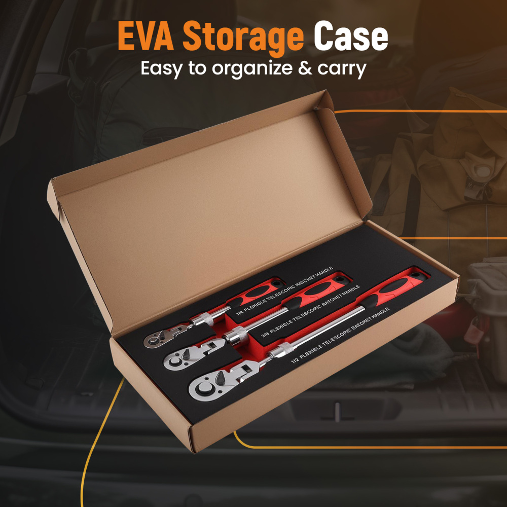 3PCS 72-Tooth Set 1/4 3/8 1/2 Drive Telescoping Ratchet with Chrome Steel