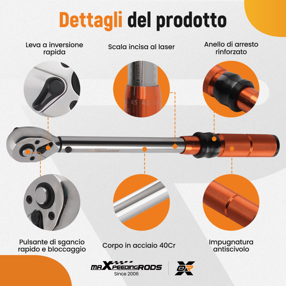 Chiave Dinamometrica 3/8 5-60 Nm Kit 40 Pezzi con Adattatori e Bussole Esagona