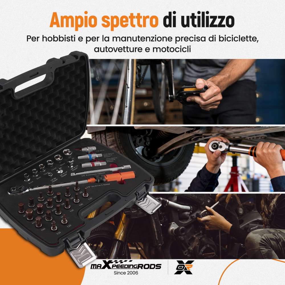 Chiave Dinamometrica 3/8 5-60 Nm Kit 40 Pezzi con Adattatori e Bussole Esagona