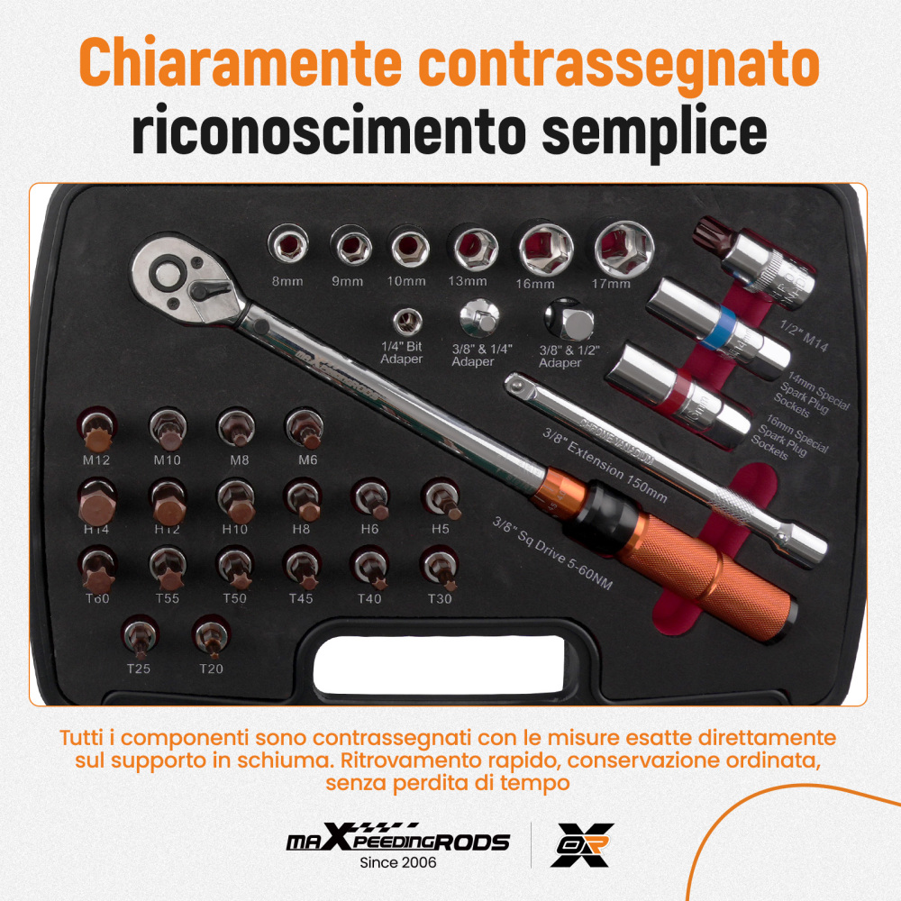 Chiave Dinamometrica 3/8 5-60 Nm Kit 40 Pezzi con Adattatori e Bussole Esagona