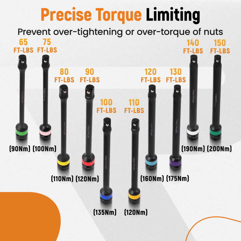 10Pcs 1/2 Drive Torque Extension Bar Set Limiting Extension Torque Sticks