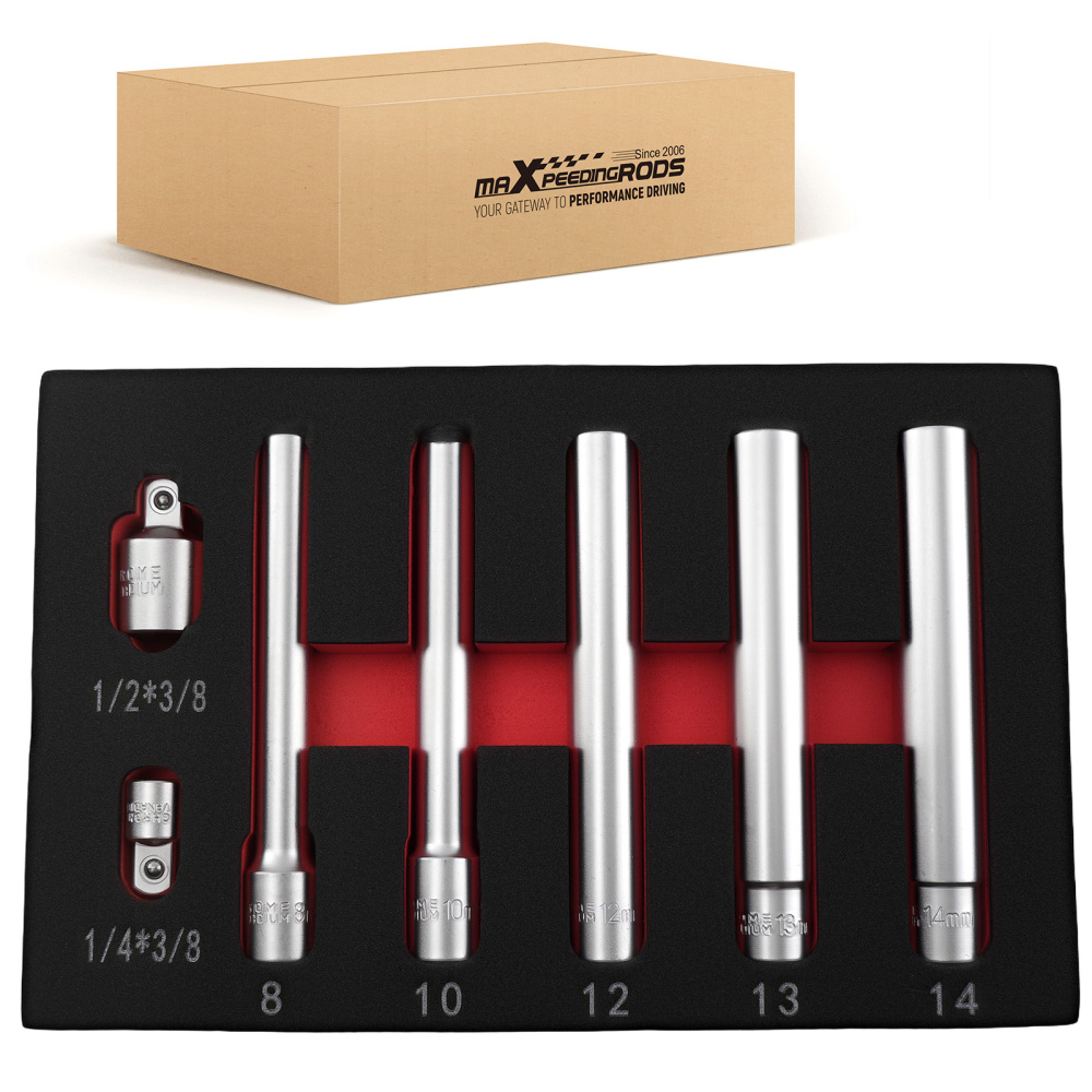 3/8 Dr Deep Long Socket Set 8-14mm 120mm CR-V 6 Point 5pc w/2 Adaptors