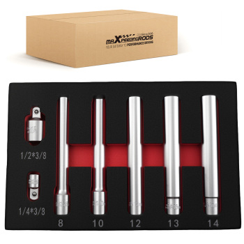 3/8 Dr Deep Long Socket Set 8-14mm 120mm CR-V 6 Point 5pc w/2 Adaptors