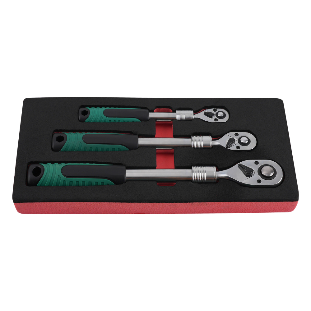 3 Piece Extendable Ratchet 1/4 3/8 1/2 Drive 72-Tooth Quick Release Wrench Set