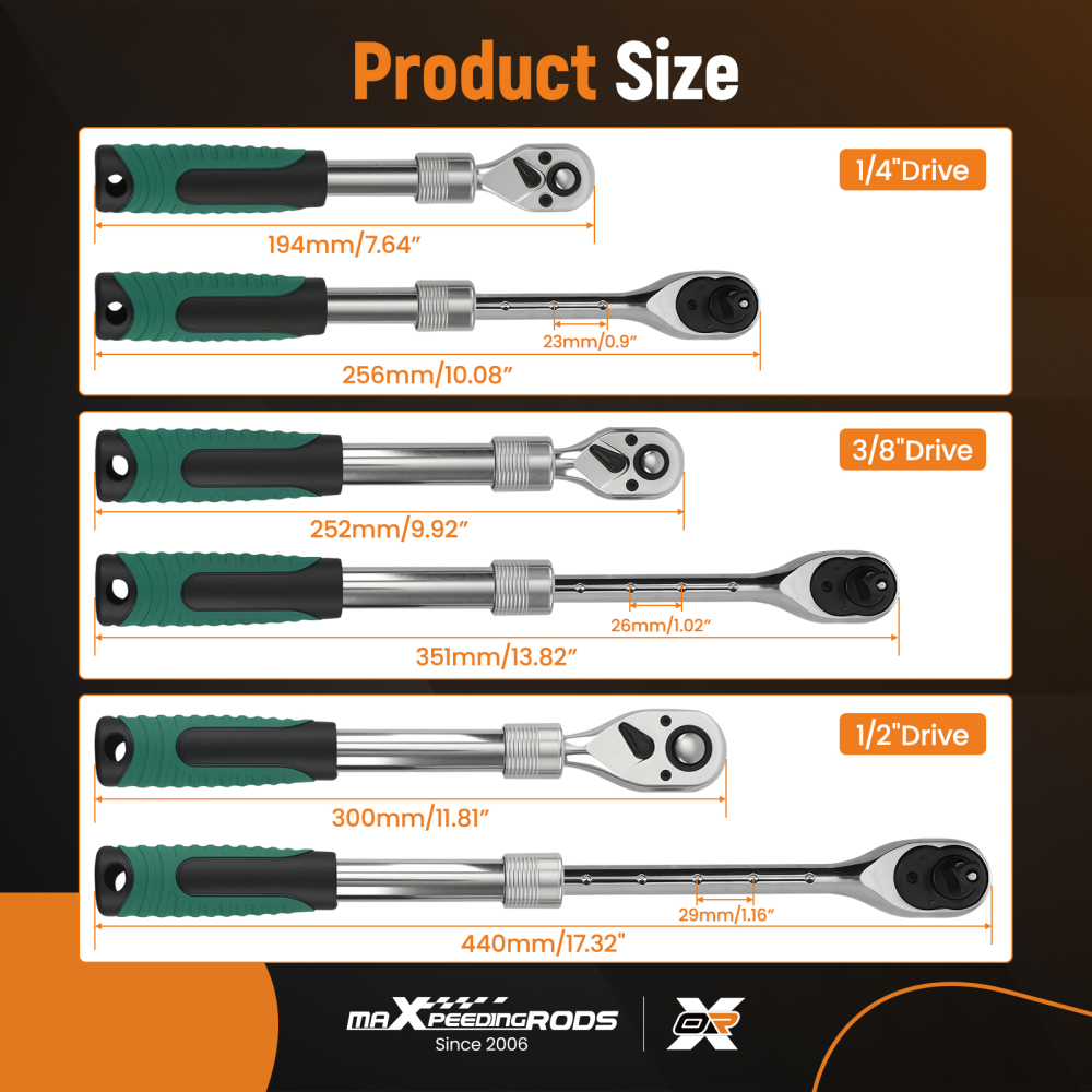 3 Piece Extendable Ratchet 1/4 3/8 1/2 Drive 72-Tooth Quick Release Wrench Set