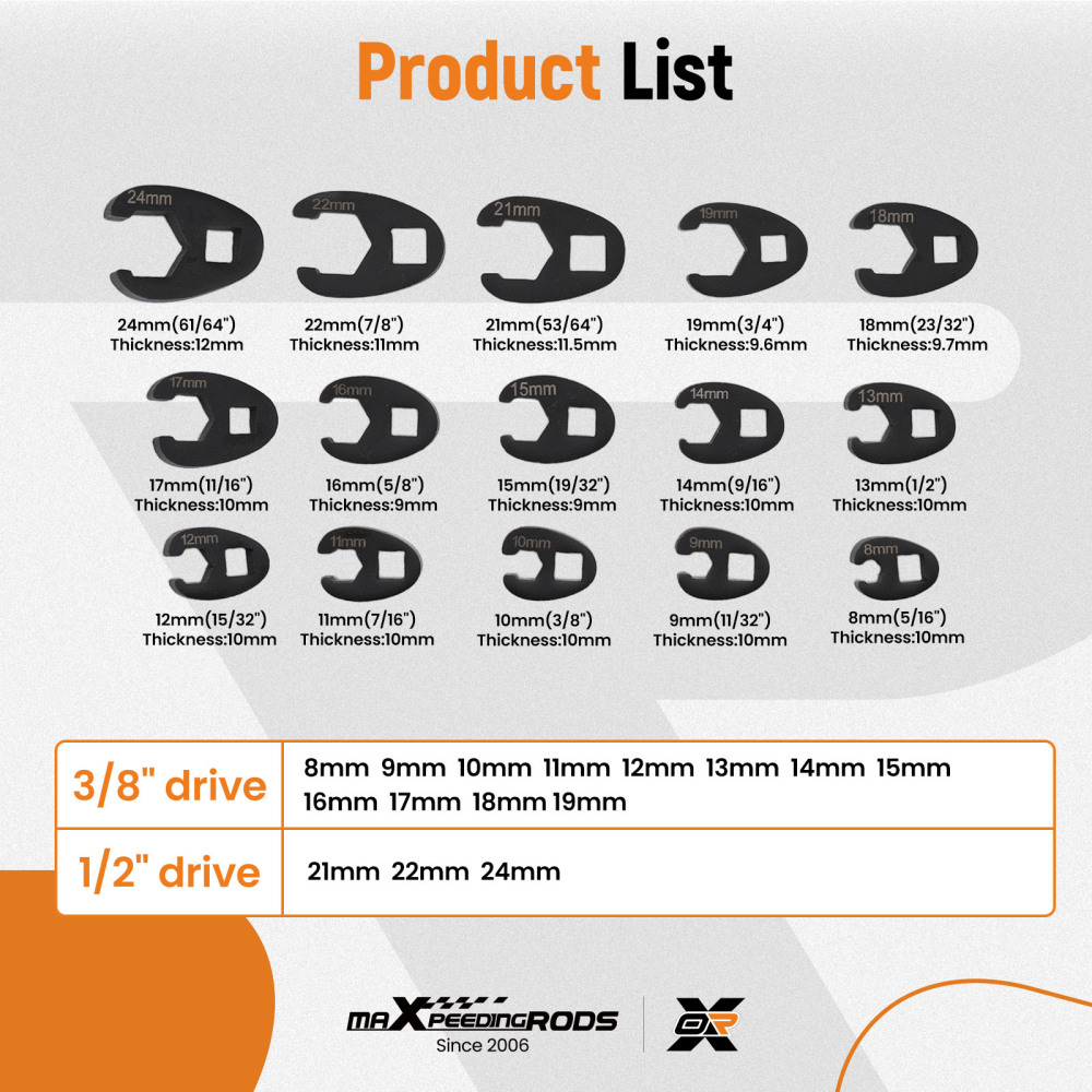 15 Piece Flare Nut Wrench Set Crowfoot Wrench Set 8-24mm 3/81/2 Drive Steel
